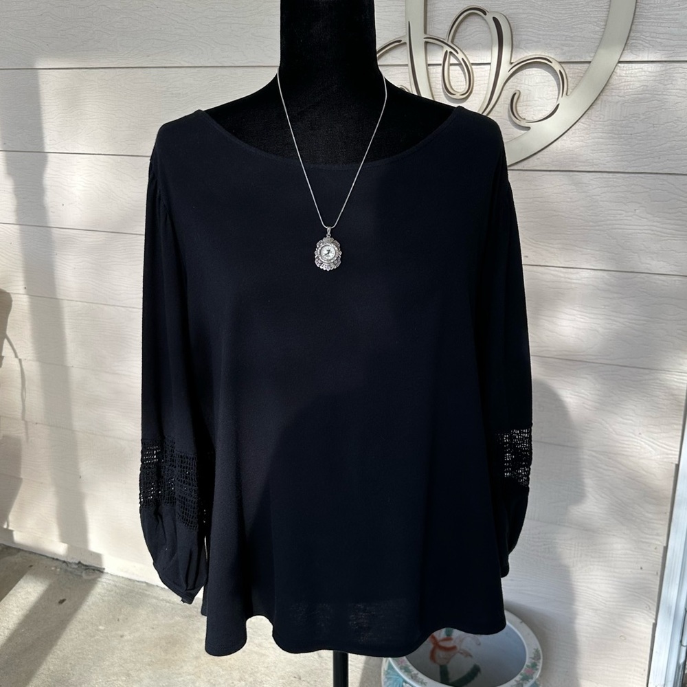 a.n.a Black Long Sleeve Scoop Neck Blouse with Lace Sleeve Detail